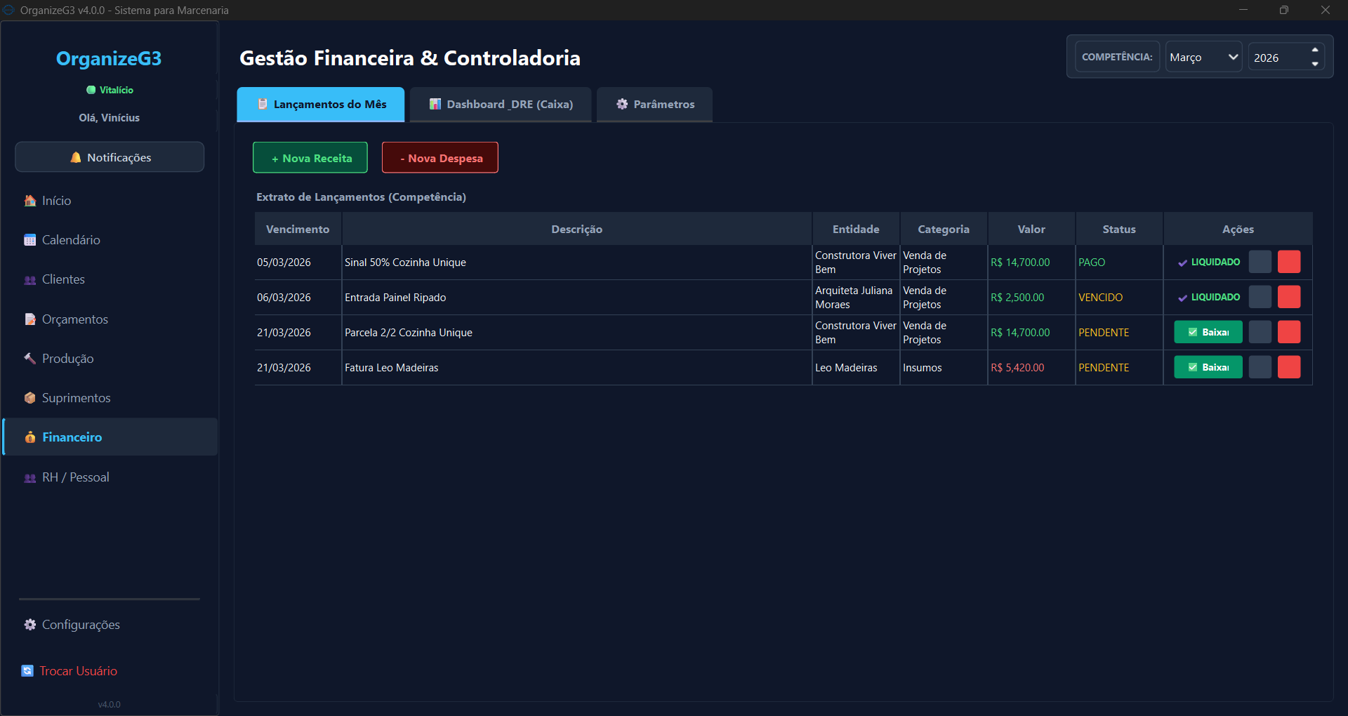 Tela do Financeiro
